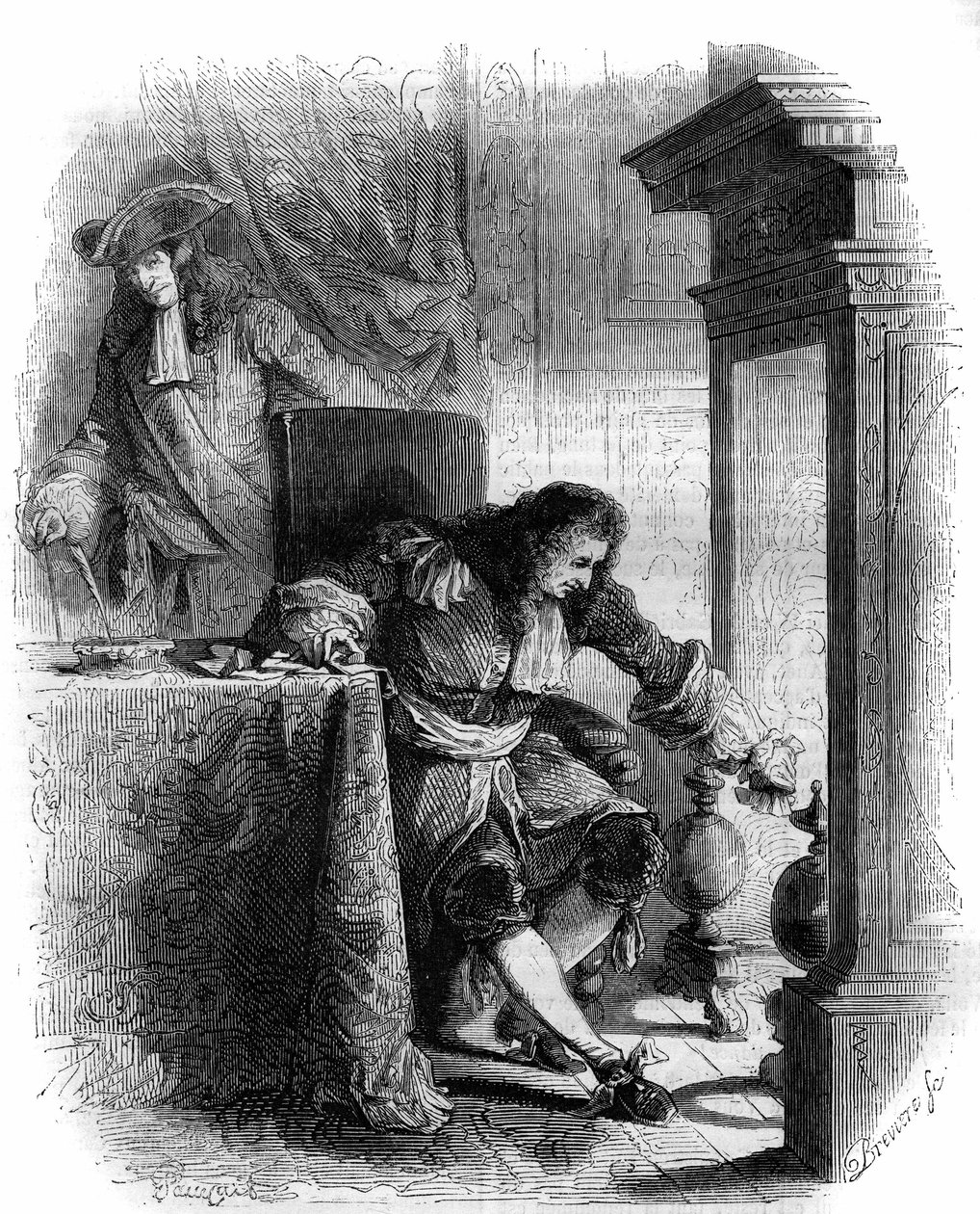 नाटककार जीन गैल्बर्ट डी कैमिस्ट्रॉन (1656-1723) ने ड्यूक लुई जोसेफ डी वेंडोम (1654-1712) के साथ पत्राचार किया। 1856 से उत्कीर्णन। द्वारा फ्रेंच स्कूल