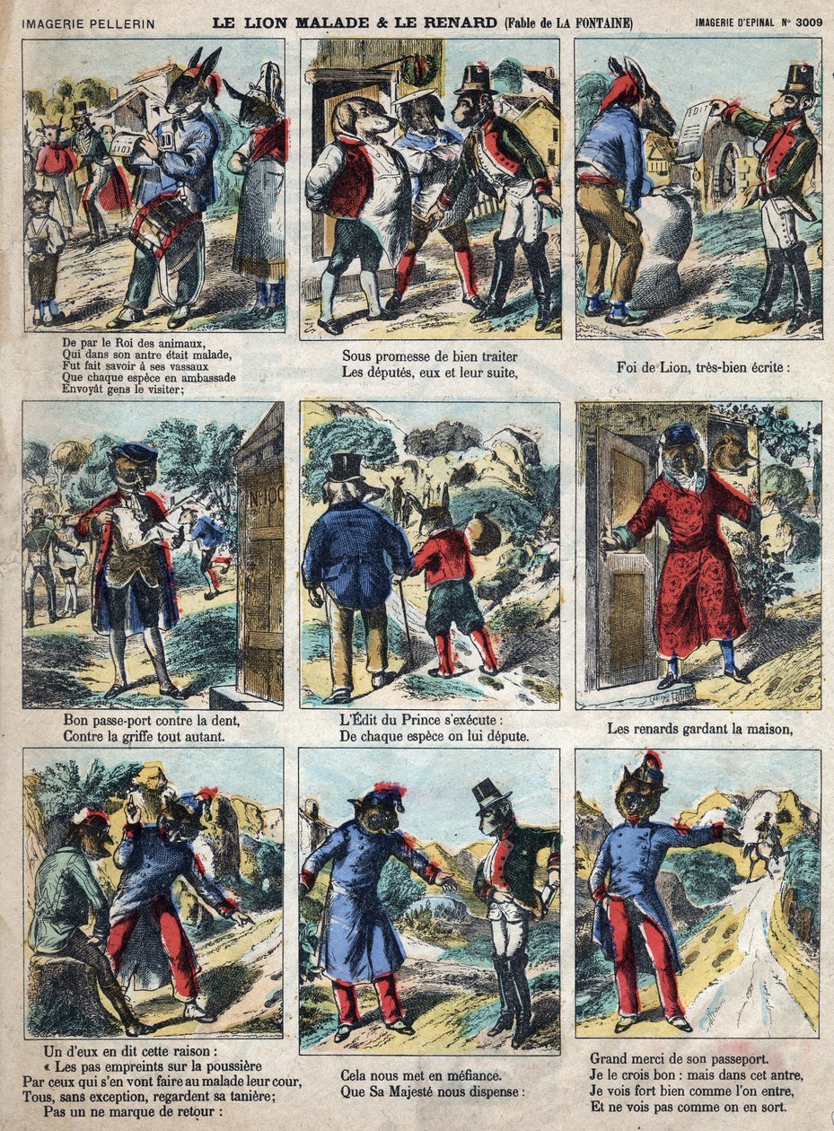 बीमार शेर और लोमड़ी। जीन डे ला फोंटेन द्वारा दंतकथाएं (1621-95)। 19वीं सदी के अंत से एपिनल इमेजिंग। द्वारा फ्रेंच स्कूल
