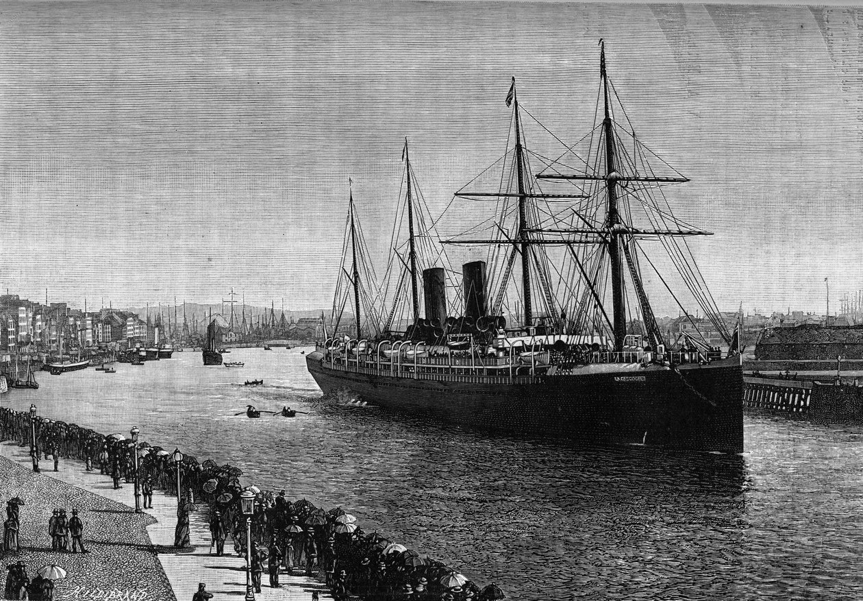 1887 में ले हावरे के बंदरगाह में ट्रान्साटलांटिक लाइनर "" ला गास्कोगने ""। शानदार पत्रिका "" ला जेनेसे "" में उत्कीर्णन द्वारा फ्रेंच स्कूल