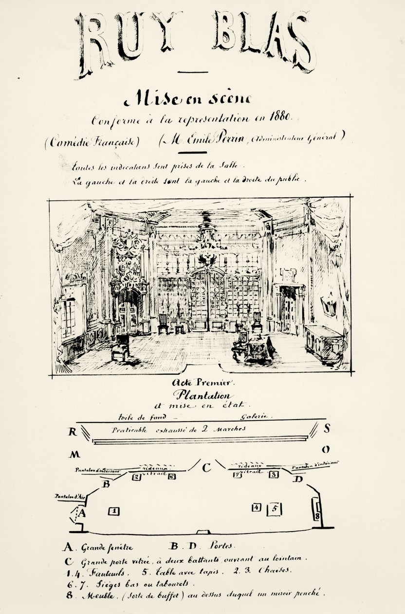विक्टर ह्यूगो (1802-85), 1880 द्वारा रूय ब्लास (1838) के अधिनियम I के लिए थिएटर कार्यक्रम द्वारा फ्रेंच स्कूल