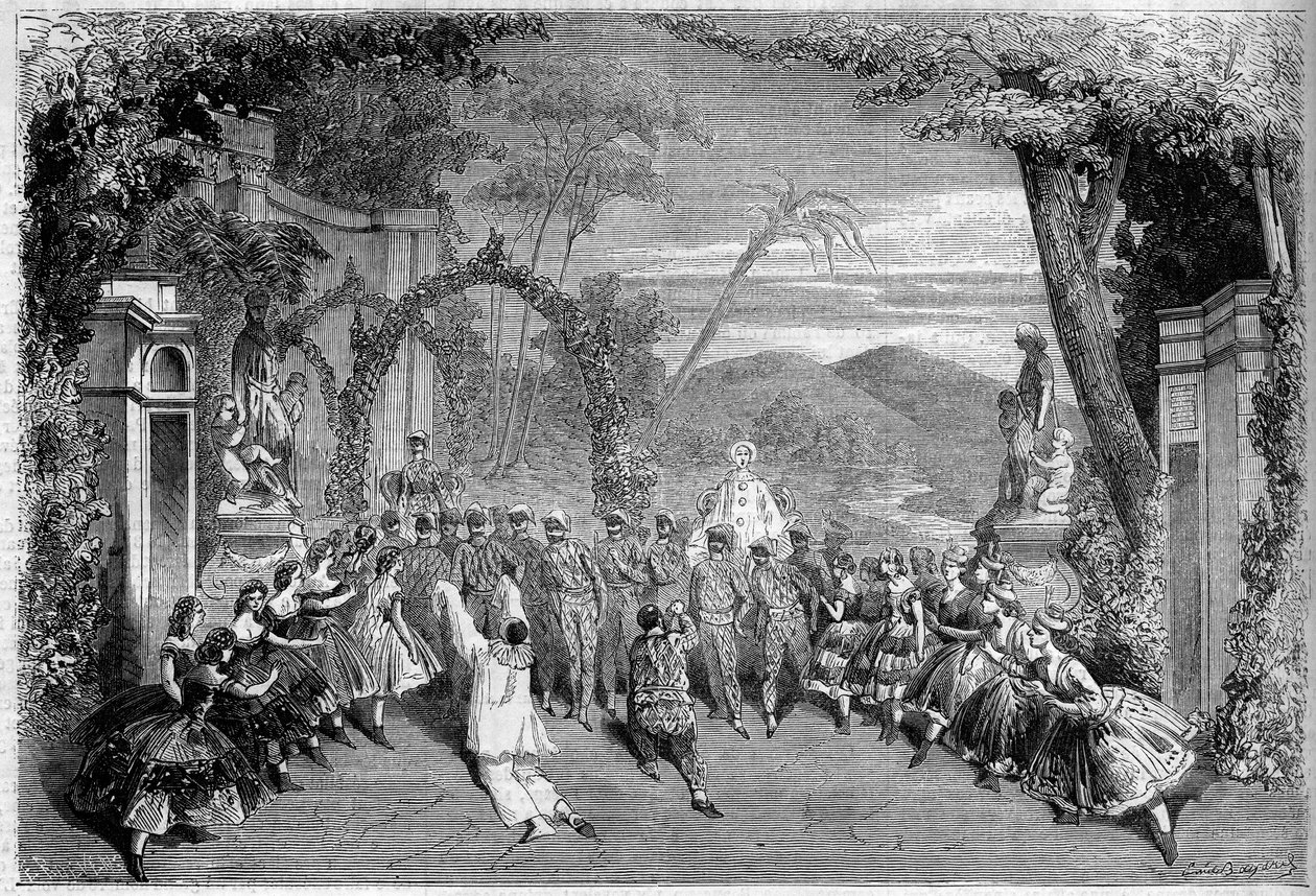 नाट्य प्रतिनिधित्व: अधिनियम II, लैम्बर्ट थिबॉस्ट (1826-1867), अल्फ्रेड डेलाकॉर (1815-1883) और क्लेयरविल (1811-1879) द्वारा "लेस डांस नेशनल्स डे ला फ्रांस" का अंतिम दृश्य। पेरिस, थिएटर डेस वैराइटी द्वारा फ्रेंच स्कूल