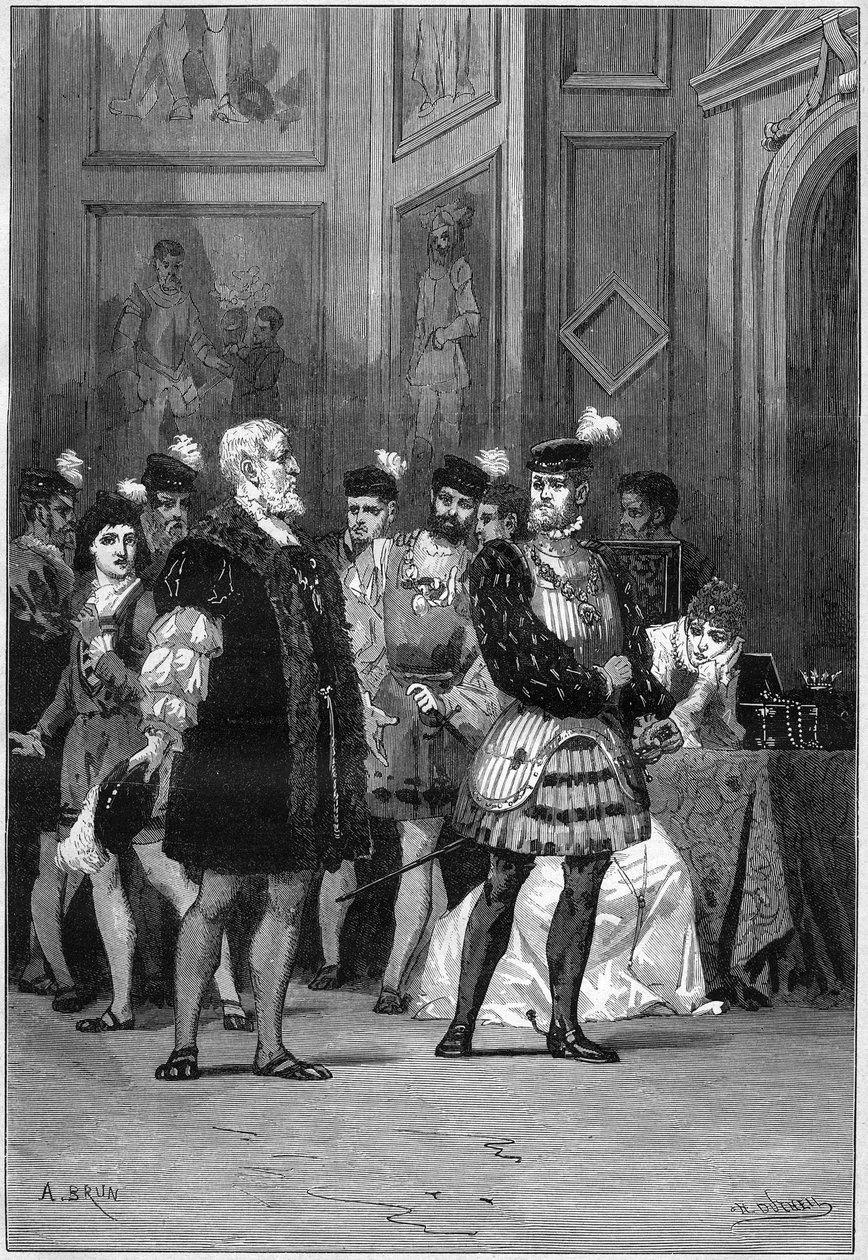 नाट्य प्रस्तुतीकरण: विक्टर ह्यूगो (1802-1885) द्वारा "" हर्नानी "", अधिनियम III दृश्य 6. पेरिस, कॉमेडी फ़्रैन्काइज़ द्वारा फ्रेंच स्कूल