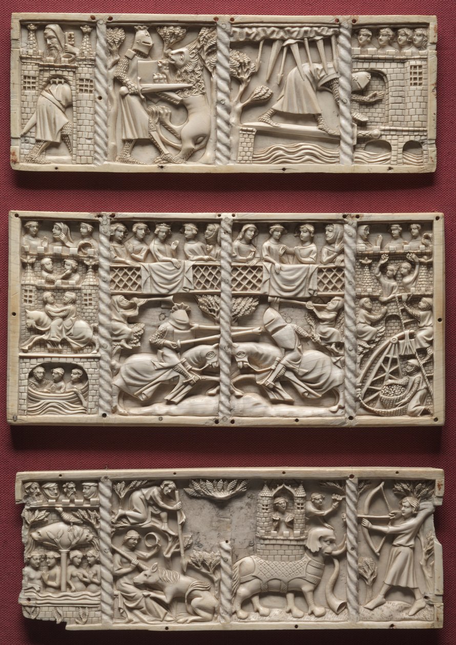कोर्टली रोमांस से दृश्यों के साथ एक कास्केट से तीन पैनल्स, c.1330-1350 द्वारा फ्रेंच स्कूल