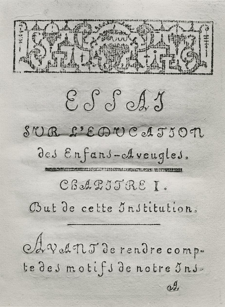 1786 में वैलेंटाइन हौ (1745-1822) द्वारा Essai sur leducation des aveugles के पहले अध्याय के लिए शीर्षक पृष्ठ द्वारा फ्रेंच स्कूल