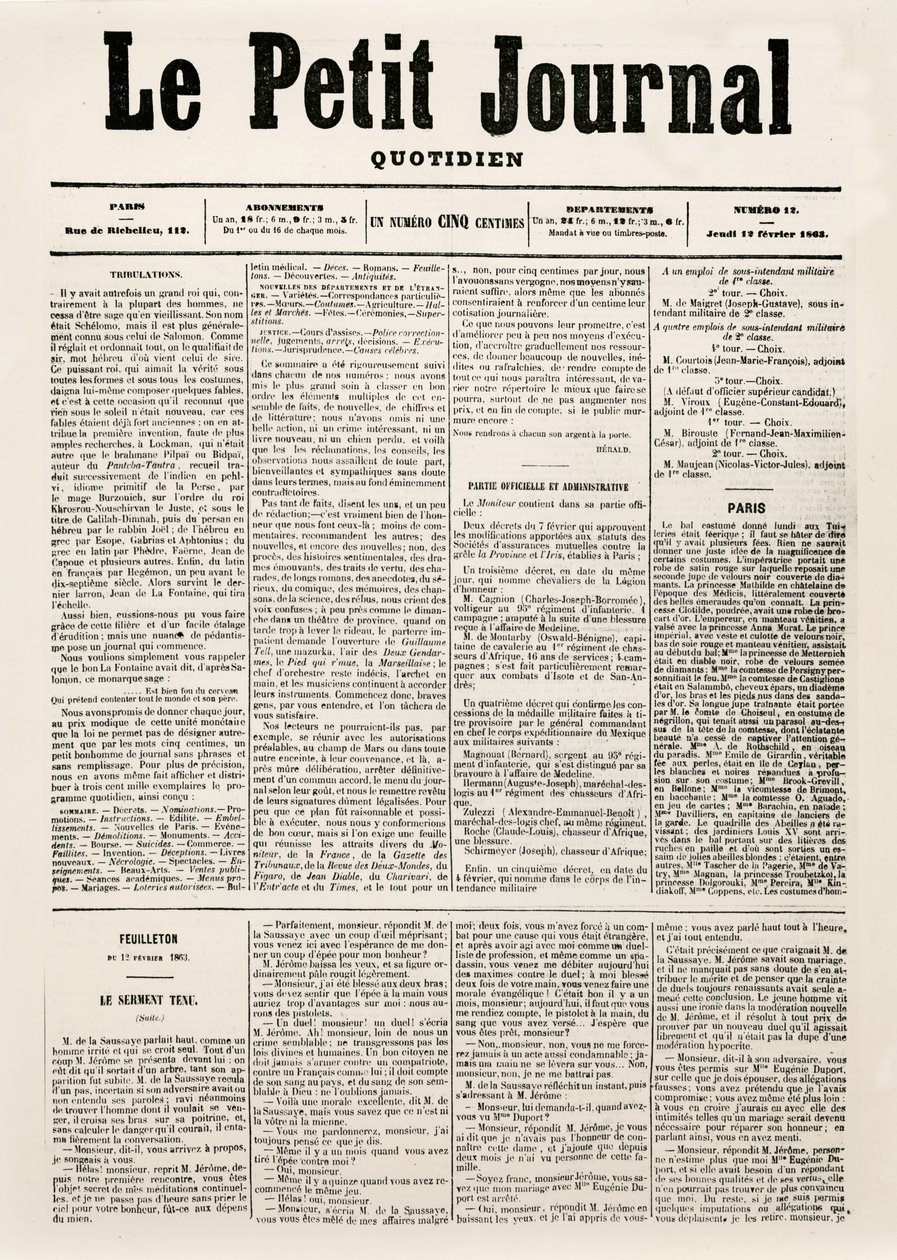 दैनिक पत्र ले पेटिट जर्नल का शीर्षक पृष्ठ, 12 फरवरी 1863 (प्रिंट) द्वारा फ्रेंच स्कूल