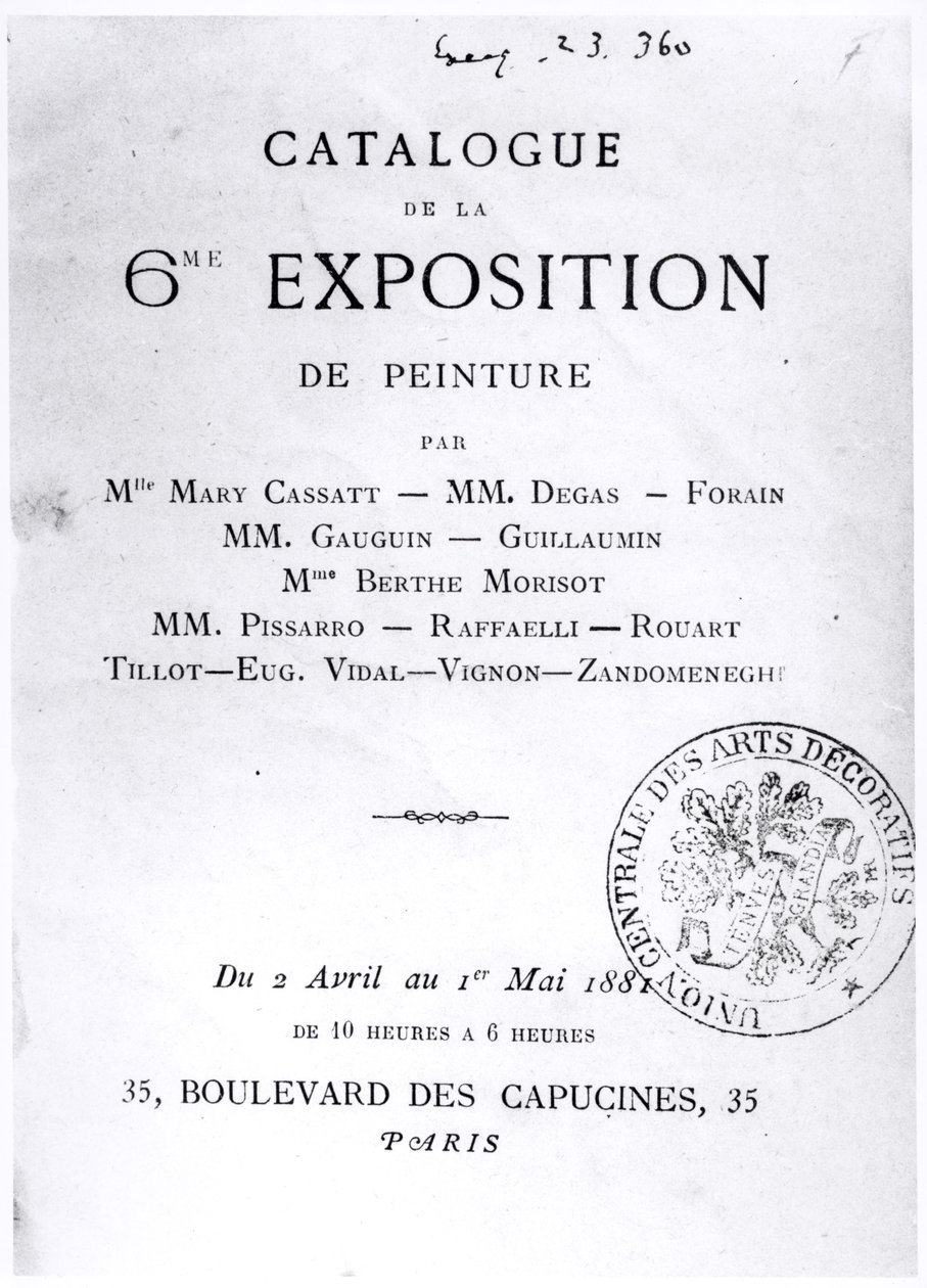 6 इंप्रेशनिस्ट प्रदर्शनी, 1881 की सूची के लिए शीर्षक पृष्ठ द्वारा फ्रेंच स्कूल