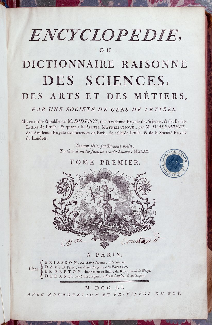 1751 में पेरिस में प्रकाशित डेनिस डाइडेरॉट (1713-84) द्वारा एनसाइक्लोपीडिया का शीर्षक पृष्ठ (यह भी देखें 15777) द्वारा फ्रेंच स्कूल