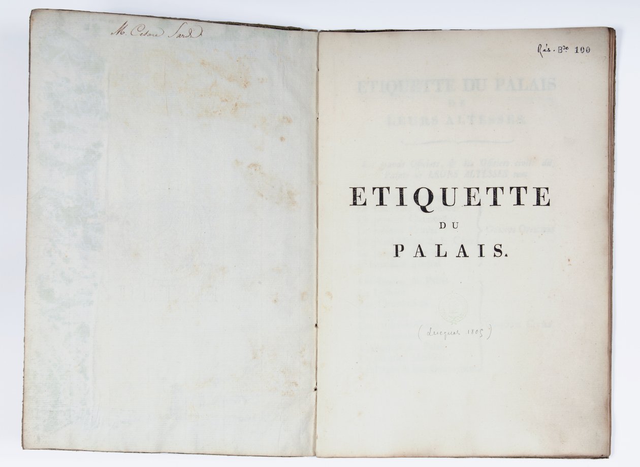 शिष्टाचार के शीर्षक पृष्ठ du Palais, Lucca, 1805 (मुद्रित पत्र) द्वारा फ्रेंच स्कूल