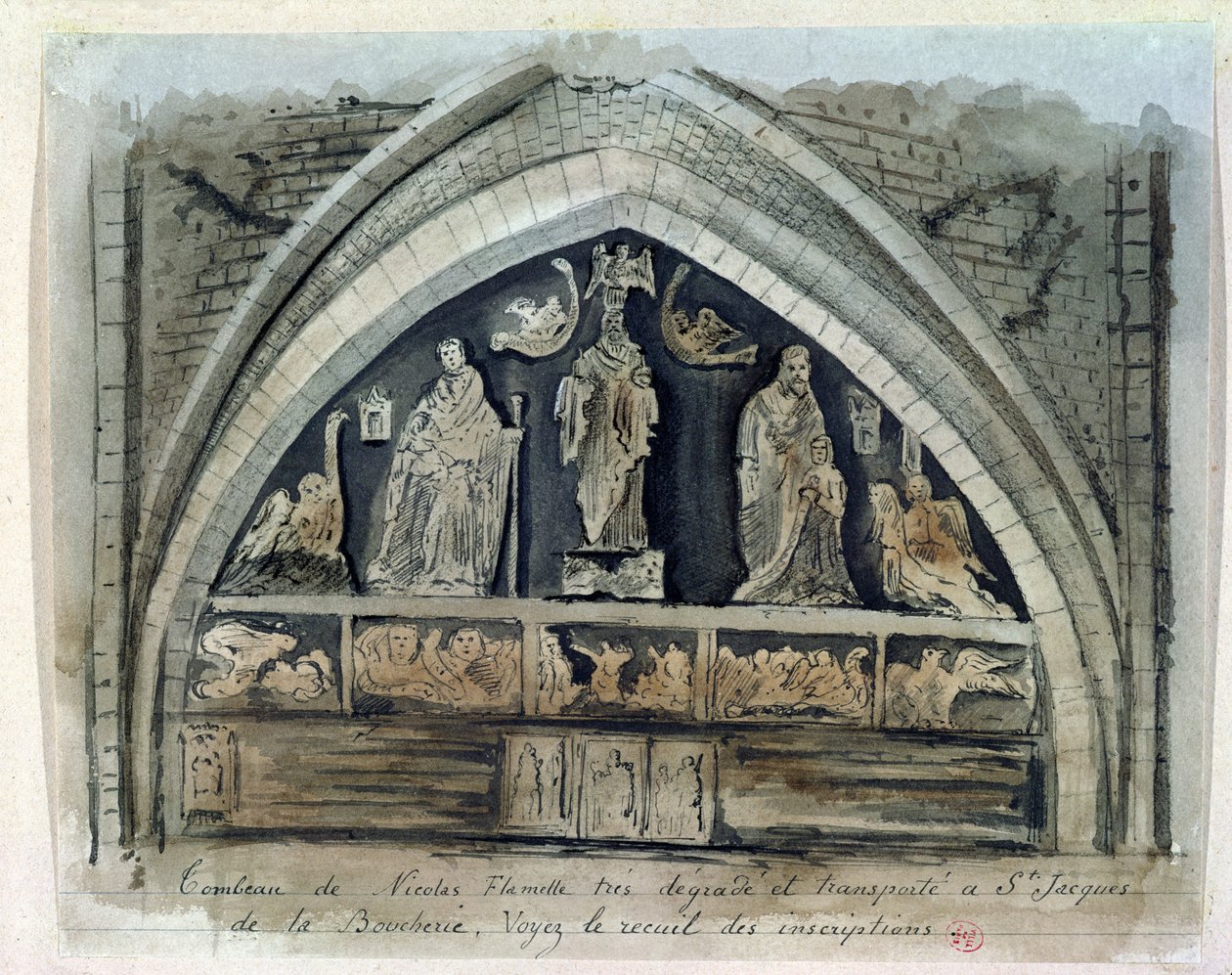 निकोलस फ्लेमेल का मकबरा (c.1330-1418) Cimetiere des Innocents में (कागज पर wc) द्वारा फ्रेंच स्कूल