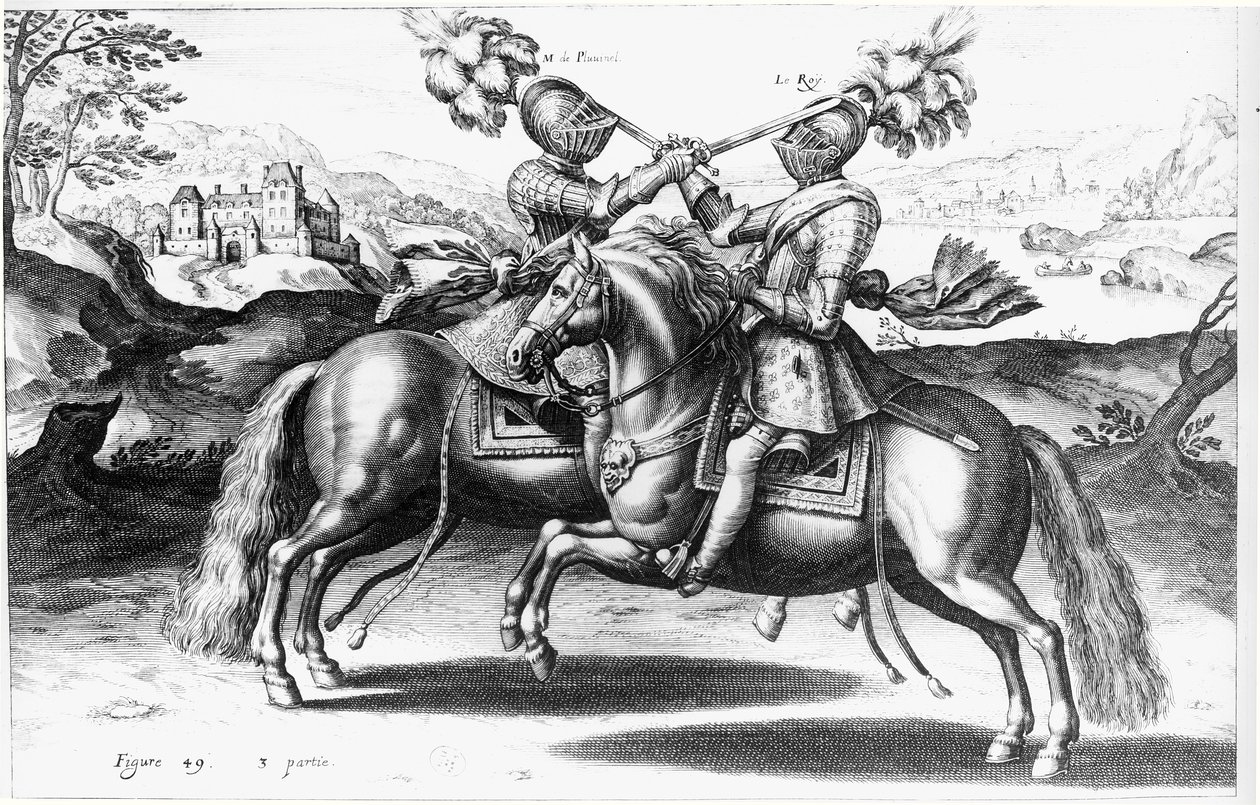 हेनरी IV (1553-1610) और एंटोनी डी प्लुविनेल (1555-1620) के बीच टूर्नामेंट दृश्य द्वारा फ्रेंच स्कूल