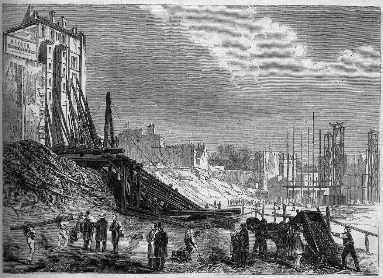 दूसरे साम्राज्य के तहत पेरिस के परिवर्तन, हौसमैनियन पेरिस: स्क्वायर मंथोलोन, रुए लाफायेट की साइट पर विध्वंस का दृश्य। 12 सितंबर, 1863 को "" ले मोंडे इलस्ट्रे "" एन ° 335 में उत्कीर्णन। द्वारा फ्रेंच स्कूल