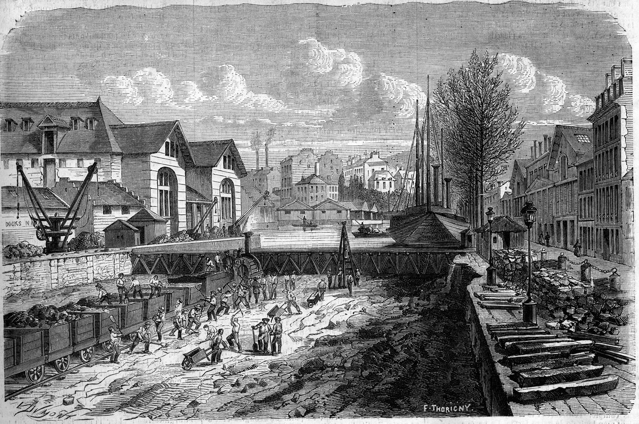 दूसरे साम्राज्य के तहत पेरिस का परिवर्तन, हौसमैन पेरिस: नहर सेंट मार्टिन के जल निकाय को कम करने के लिए किए गए कार्य। 7 जनवरी 1860 के "" ले मोंडे इलस्ट्र्रे"" एन ° 143 में उत्कीर्णन। द्वारा फ्रेंच स्कूल