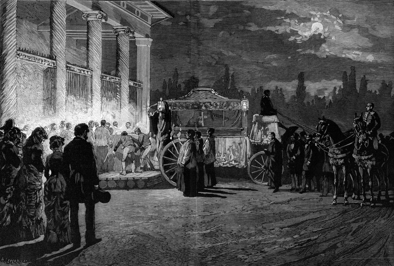 पोप पायस IX (१७९२-१८७८) की राख का अनुवाद: १२ जुलाई १८८१ को रोम में सेंट लॉरेंस के चर्च में कोर्टेज का आगमन। ६ अगस्त १८८१ के "ले मोंडे इलस्ट्रे" में पेलिसर द्वारा उत्कीर्णन °१२७१ . द्वारा फ्रेंच स्कूल