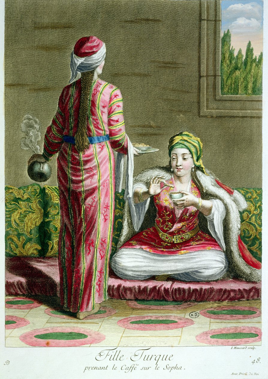 तुर्की की लड़की सोफे पर कॉफ़ी के संग्रह से, लेवंत की वेशभूषा के संग्रह से, आई। होसर्ड द्वारा उत्कीर्ण, 1707-08 द्वारा फ्रेंच स्कूल