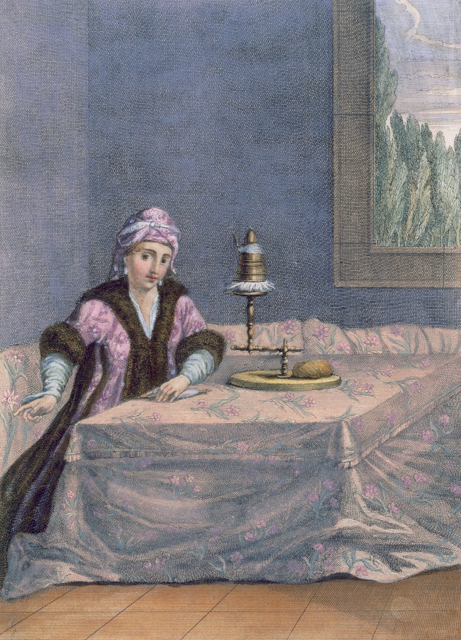 तुर्की महिला कताई धागा, c.1708 द्वारा फ्रेंच स्कूल