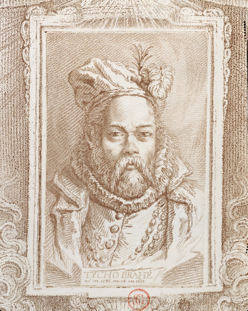 टाइको ब्राहे (1546-1601), अलेक्जेंड्रे सेवरियन (1720-1805) द्वारा गणितज्ञों के इतिहास का चित्रण, पेरिस में 1766 में प्रकाशित द्वारा फ्रेंच स्कूल