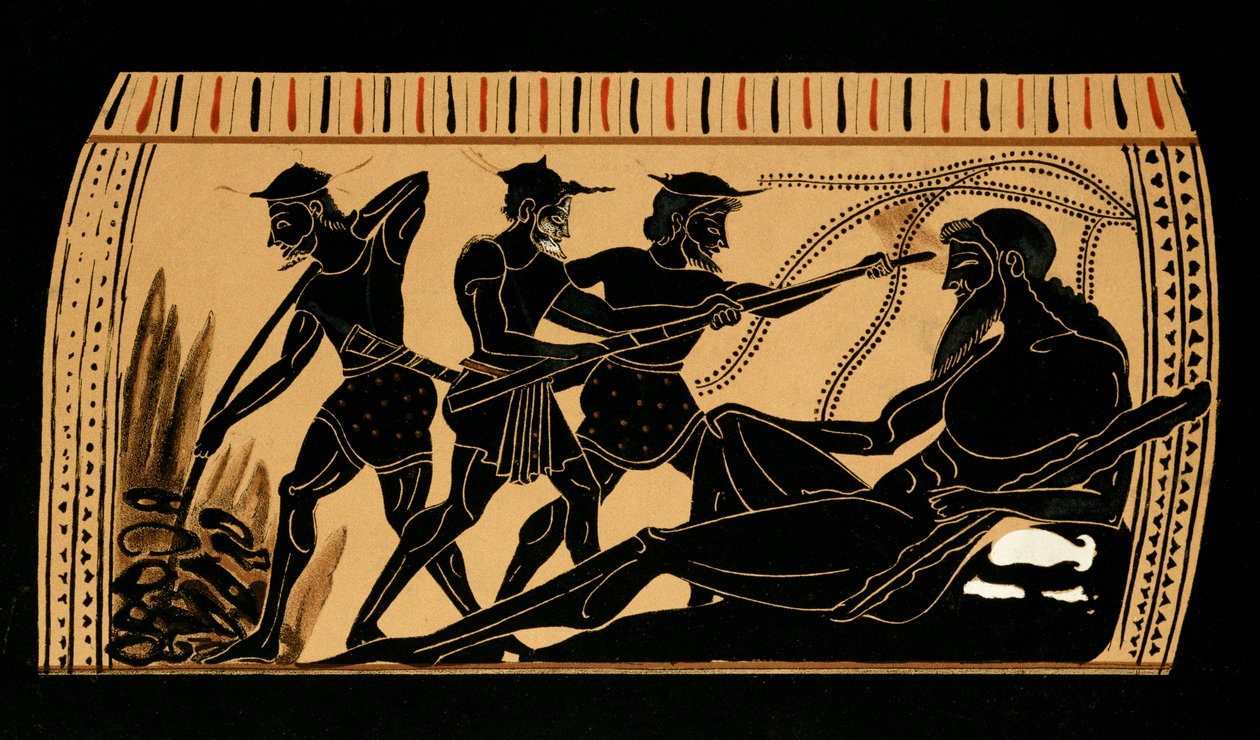 Ulysses और उनके साथी Cyclops Polyphemus की नज़र से बाहर निकलते हुए, एक प्राचीन ग्रीक फूलदान, 1887 से चित्रण द्वारा फ्रेंच स्कूल