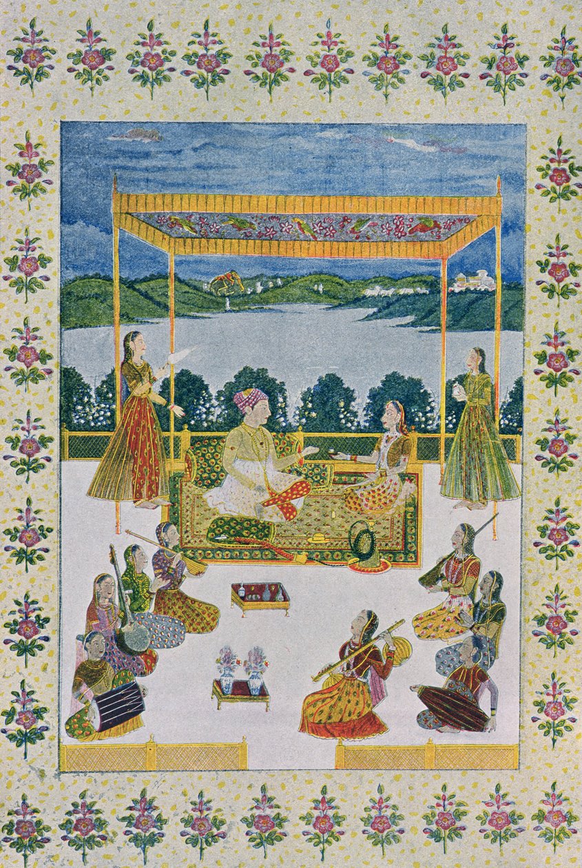 स्काई विद म्यूज़िक एंड फ्लॉवर्स, द अरबियन नाइट्स, 1895 (रंग उत्कीर्णन) से चित्रण द्वारा फ्रेंच स्कूल