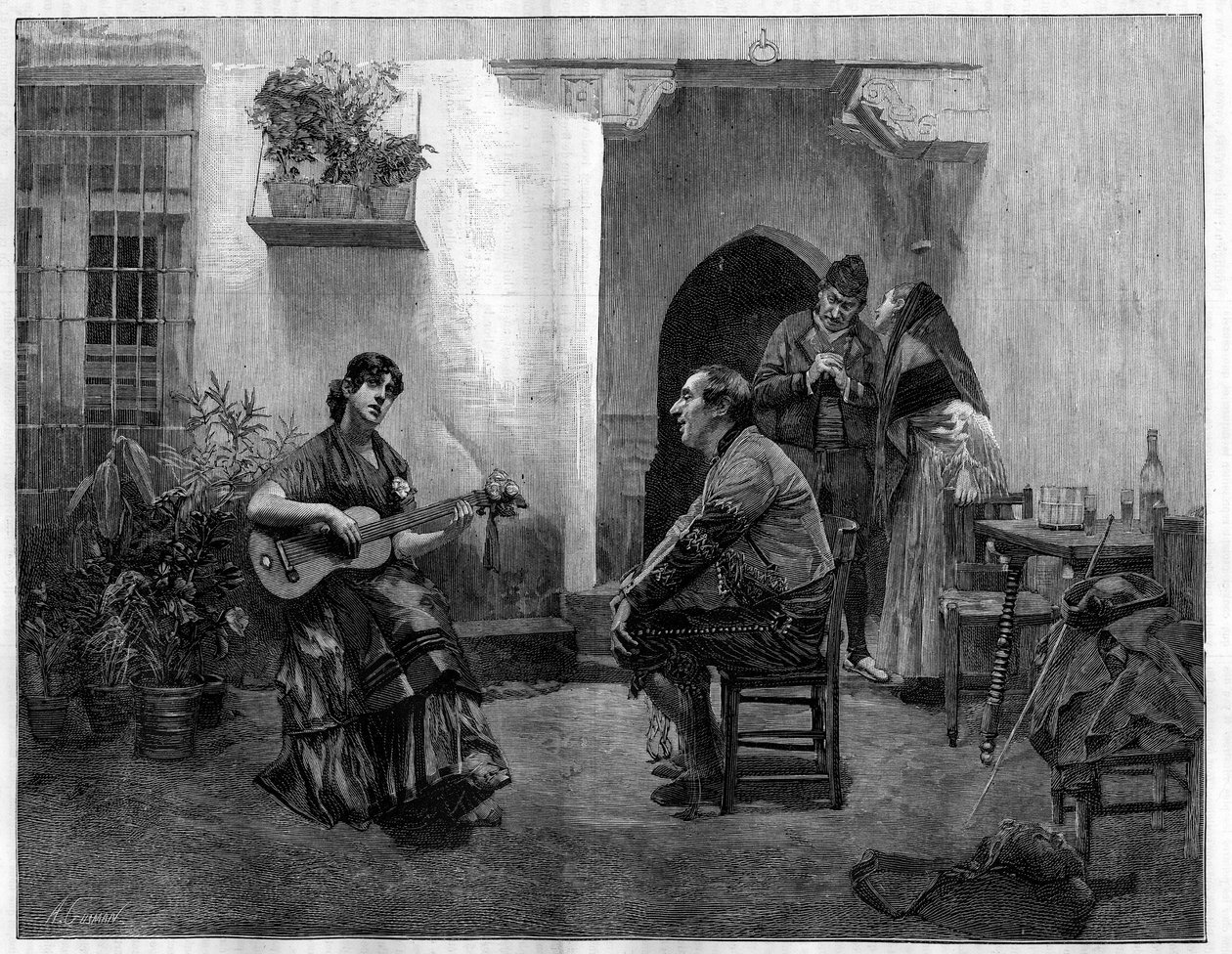 जादू के तहत: एक आदमी प्रशंसा के साथ एक युवा स्पेनिश लड़की गिटार बजा रहा है। 1 मई को "द इलस्ट्रस वर्ल्ड" में जूल्स वर्म्स (1832-1914) द्वारा पेंटिंग के बाद उत्कीर्णन द्वारा फ्रेंच स्कूल