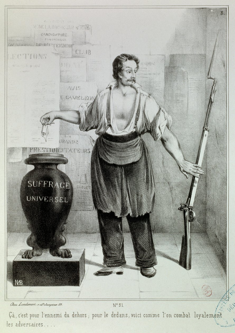 सार्वभौमिक मताधिकार "" वोट या राइफल "" वोट को राइफल के बजाय दुश्मन से लड़ना चाहिए। ML Bosredon द्वारा उत्कीर्णन, अप्रैल १८४८। पेरिस, मुसी कार्नावाले द्वारा फ्रेंच स्कूल