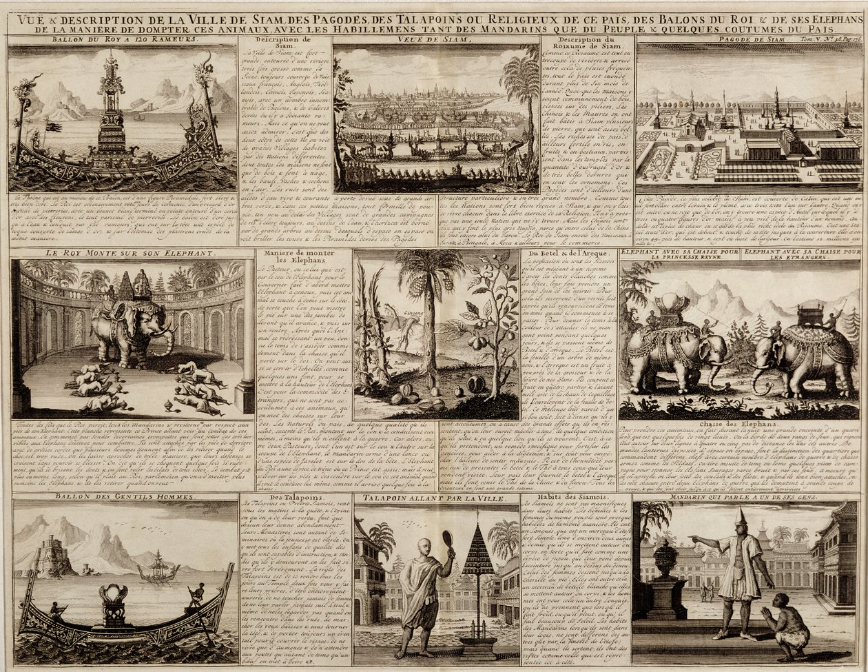 1688 में प्रकाशित सिमोन डे ला लाउबेरे द्वारा ड्यू रॉयम डे सियाम से स्याम और अयुत्या के विभिन्न विचार द्वारा फ्रेंच स्कूल