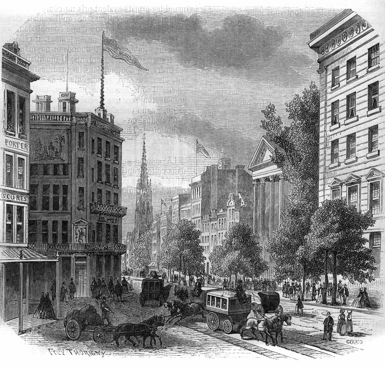 न्यूयॉर्क में बोडवे का दृश्य। 1862-1863 से उत्कीर्णन। द्वारा फ्रेंच स्कूल