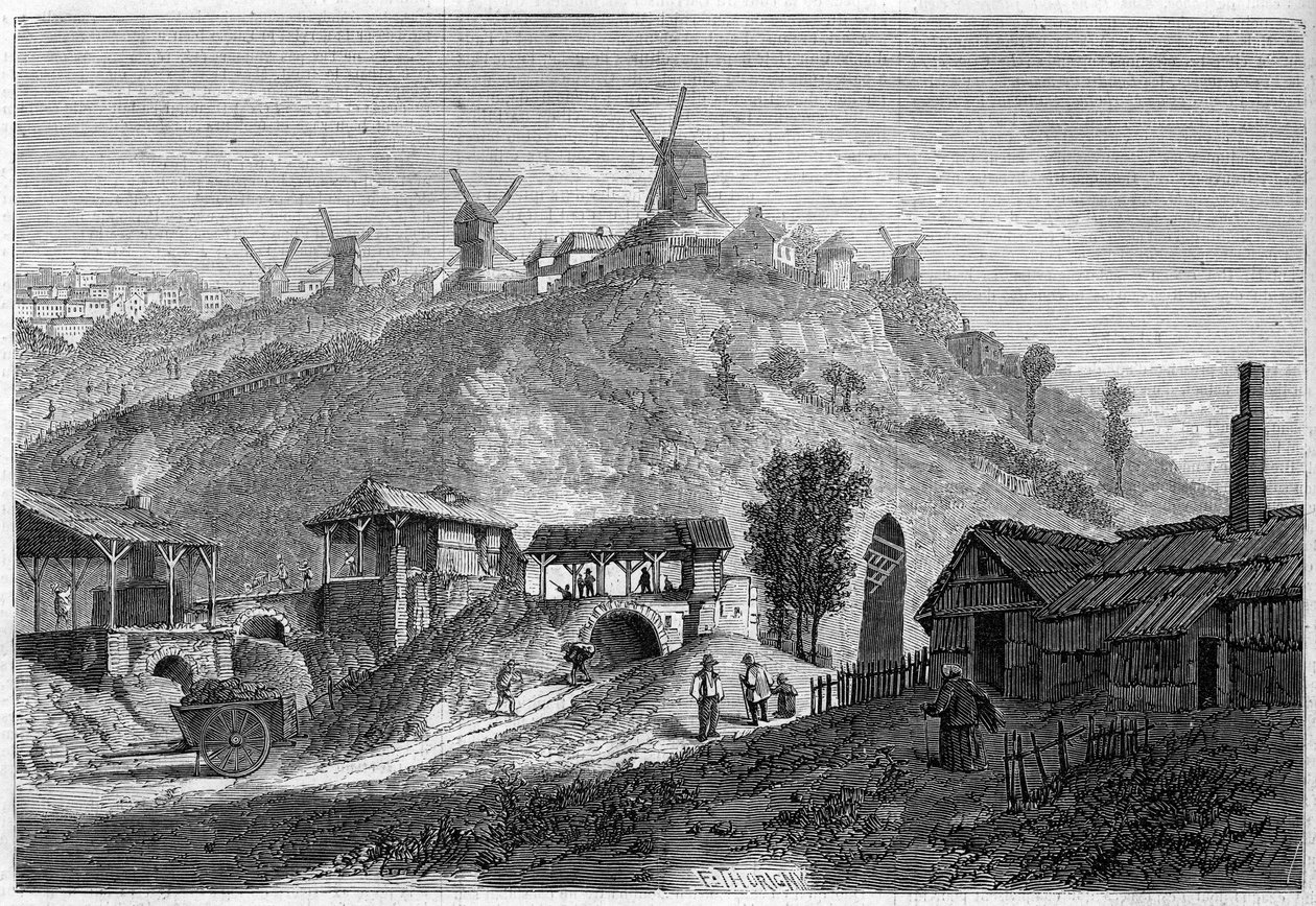 1860 में पेरिस शहर में शामिल होने से पहले 1859 में मोंटमार्ट्रे का दृश्य। सादे सेंट डेनिस से लिया गया दृश्य। 24 दिसंबर 1859 के "" ले मोंडे इलस्ट्रे"" एन °141 में उत्कीर्णन। द्वारा फ्रेंच स्कूल