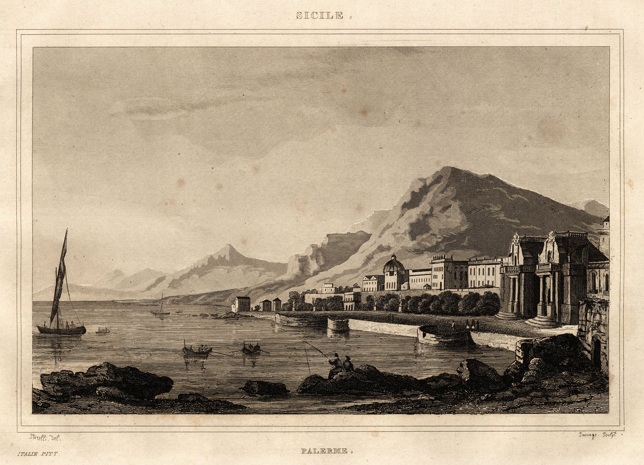 पलेर्मो, सिसिली का दृश्य, स्टोरेली द्वारा उत्कीर्ण, "" सुरम्य इटली "में, एम्बल कोस्टे संपादक द्वारा फ्रेंच स्कूल
