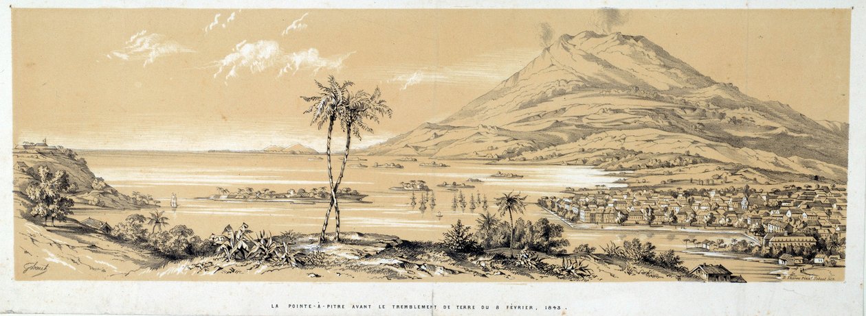 भूकंप से पहले पॉइंट ए पित्रे (प्वाइंट-ए-पित्रे) का दृश्य। 1843 से उत्कीर्णन। चार्टर्स, ललित कला संग्रहालय द्वारा फ्रेंच स्कूल