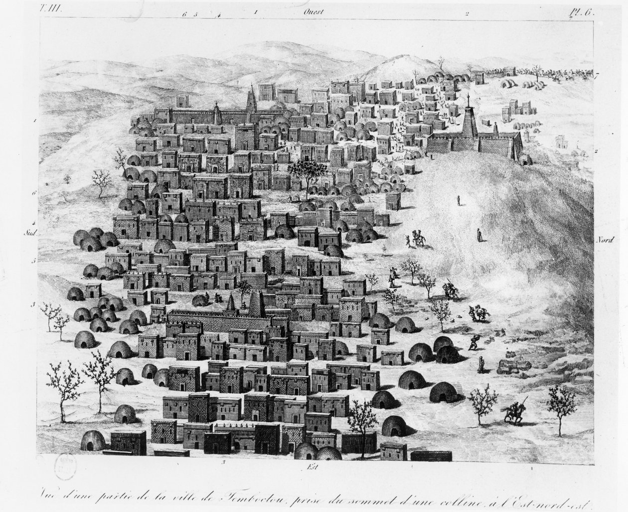 1830 में प्रकाशित रेने कैली द्वारा वायोम ए टॉम्बौक्टौ से एक पहाड़ी से पूर्व में ले जाए गए टिम्बकटू शहर के हिस्से का दृश्य द्वारा फ्रेंच स्कूल