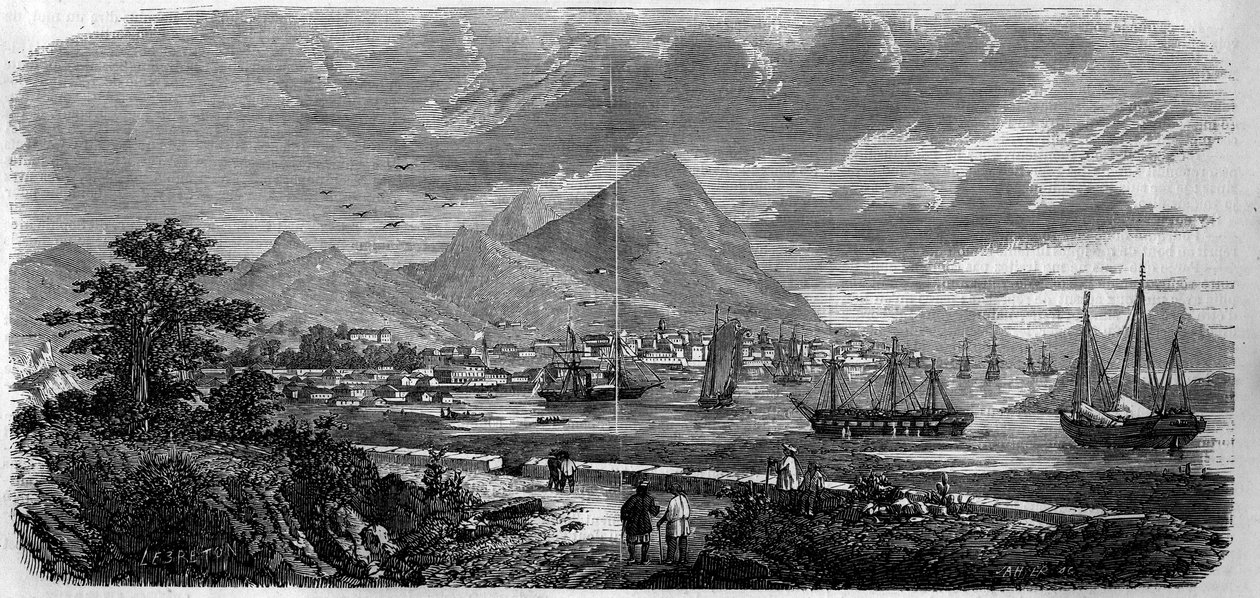 1857 में हांगकांग शहर (हांगकांग) (कैंटन बे द्वीप) का दृश्य। 31 अक्टूबर 1857 के "" ले मोंडे इलस्ट्रे"" n ° 29 में उत्कीर्णन। द्वारा फ्रेंच स्कूल