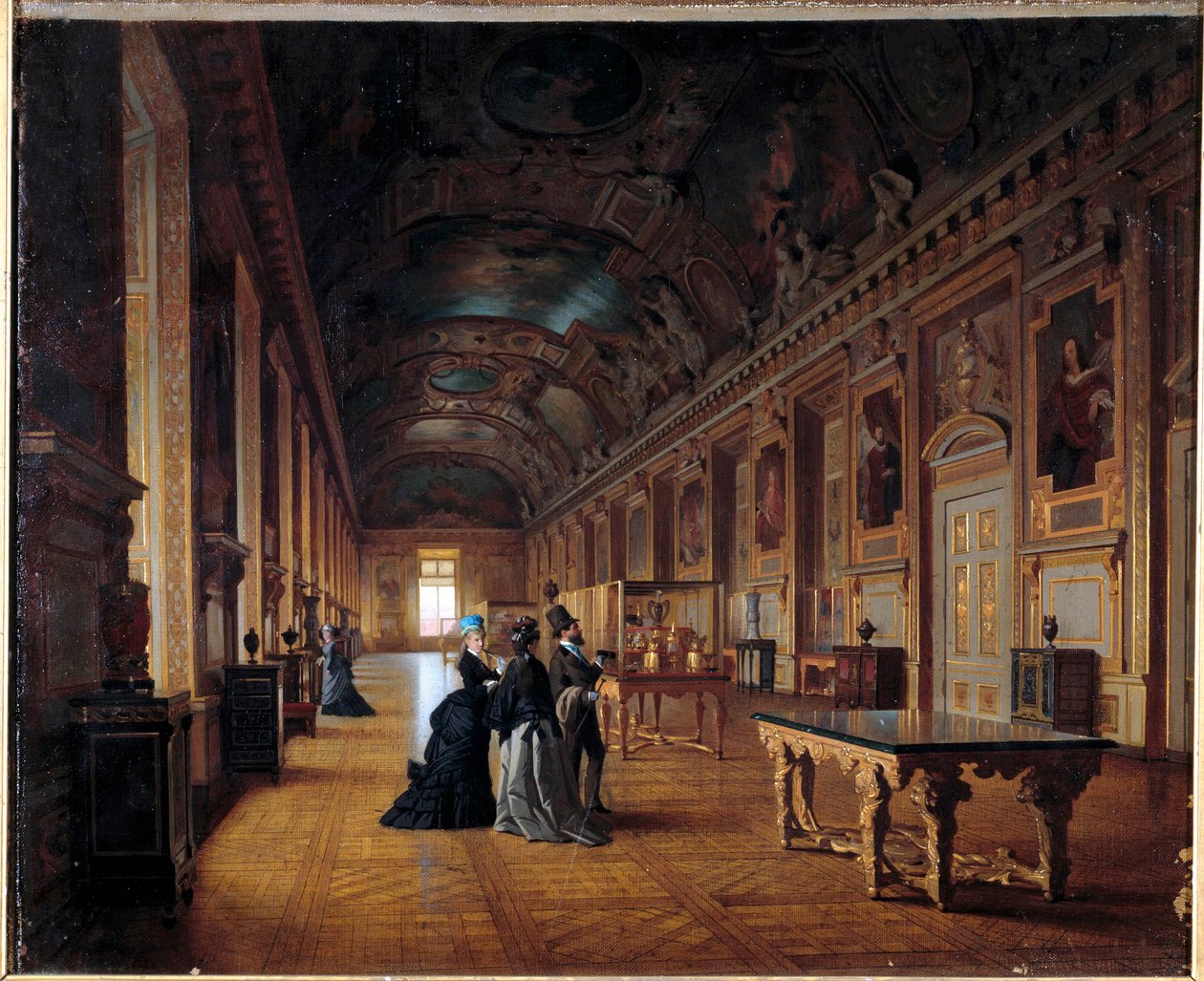 Musee de Louvre में गैलरी डी'अपोलोन का दृश्य आगंतुक चित्रों की प्रशंसा करते हैं। फ्रेंच स्कूल की पेंटिंग। लगभग १८८० सूर्य ०.४६x०.५५ मी. द्वारा फ्रेंच स्कूल