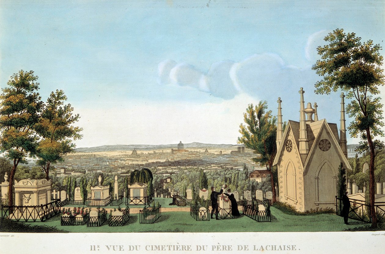 पेरिस में Pere Lachaise कब्रिस्तान का दृश्य। बेनामी 19वीं सदी का लिथोग्राफ। निजि संग्रह द्वारा फ्रेंच स्कूल