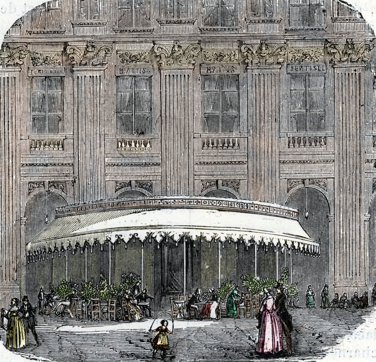 1860 के आसपास पेरिस में पैलेस-रॉयल में कैफे डे ला रोटोंडे का दृश्य (रंगीन उत्कीर्णन) द्वारा फ्रेंच स्कूल