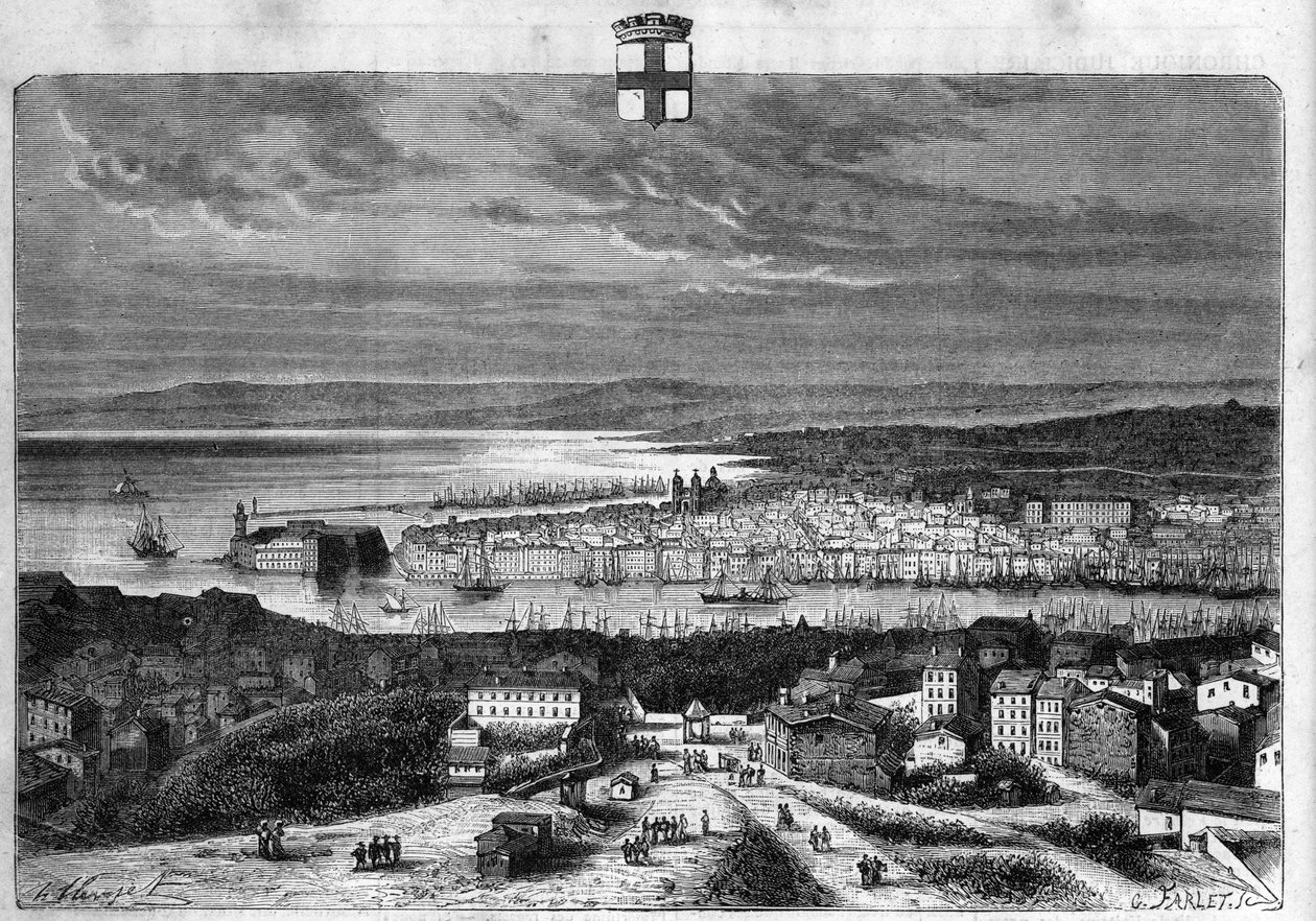 मार्सिले के शहर और बंदरगाह का दृश्य। 1880 से "ला रिपब्लिक इलस्ट्री" निजी संग्रह में उत्कीर्णन। द्वारा फ्रेंच स्कूल