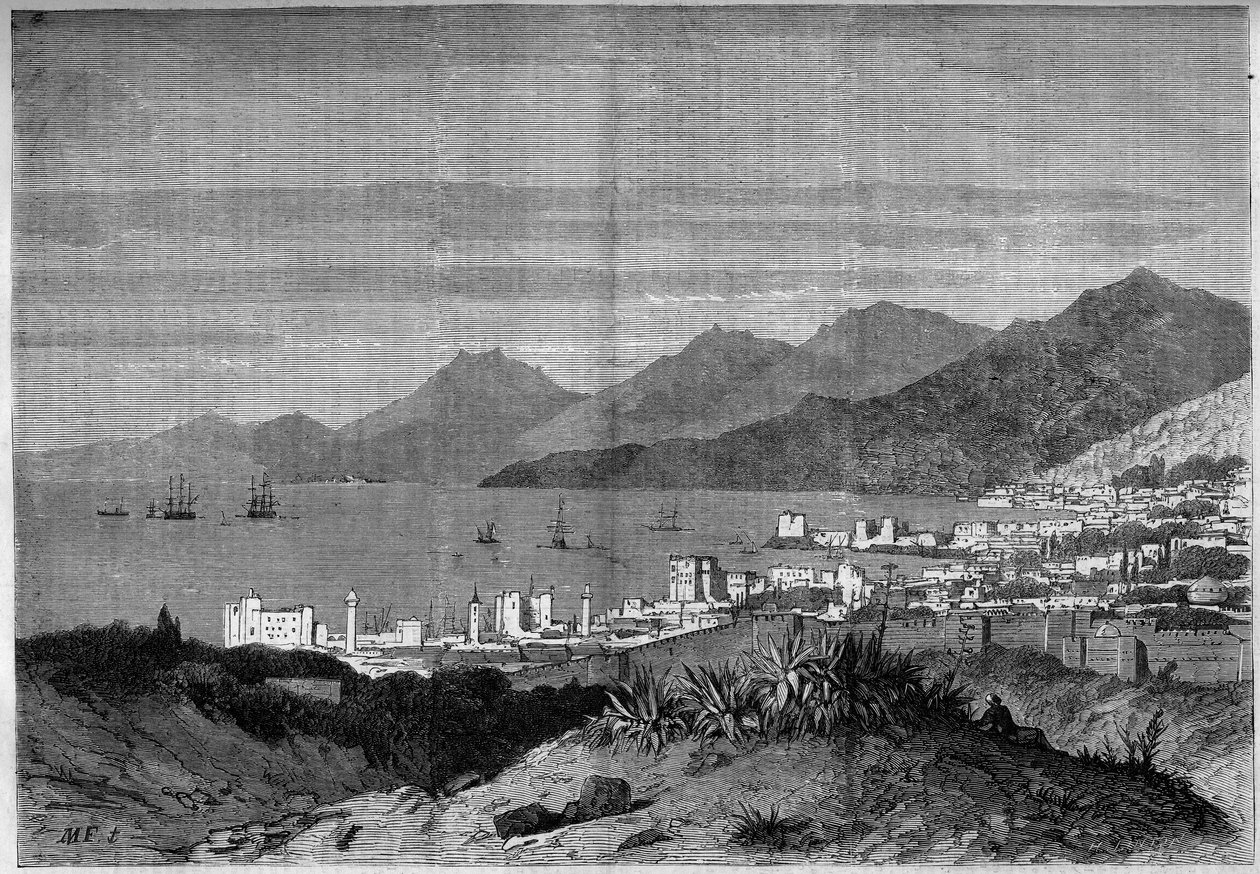 1860 में बेरूत शहर का दृश्य। 28 जुलाई 1860 को "द इलस्ट्रस वर्ल्ड" एन ° 172 में उत्कीर्णन। द्वारा फ्रेंच स्कूल