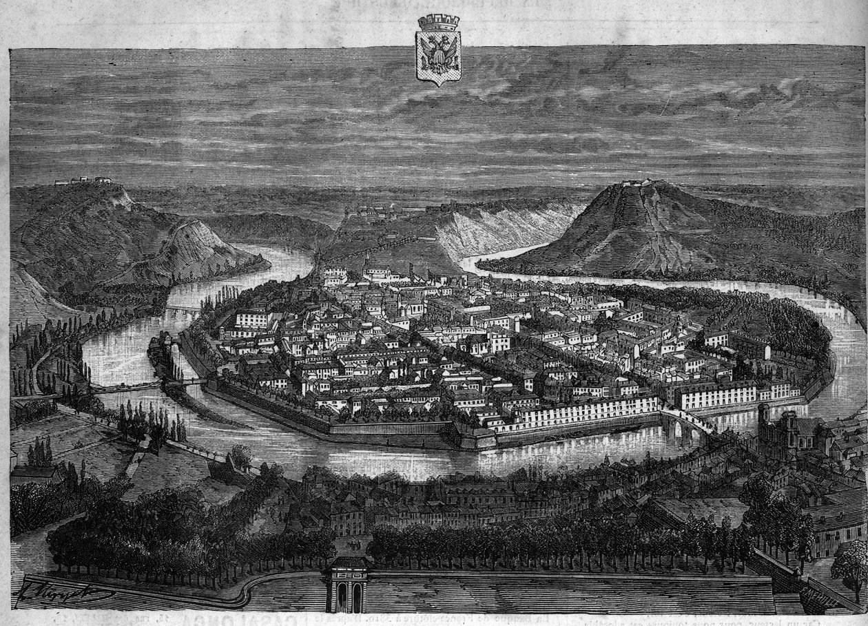 डौब्स में बेसनकॉन शहर का दृश्य। 1880 से "ला रिपब्लिक इलस्ट्री" निजी संग्रह में उत्कीर्णन। द्वारा फ्रेंच स्कूल