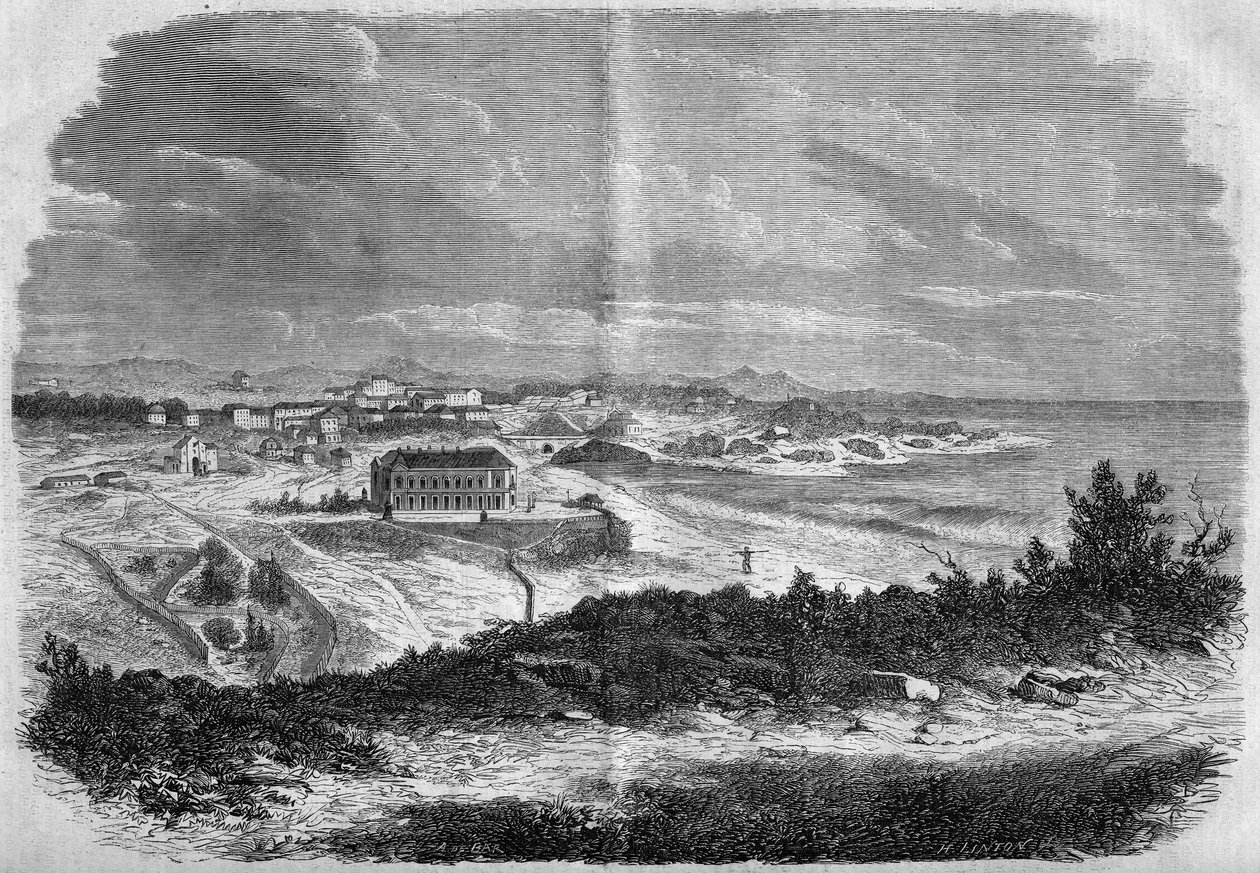 1858 में बियारिट्ज़, पाइरेनीस अटलांटिक (64) शहर का दृश्य। 18 सितंबर 1858 के "ले मोंडे इलस्ट्रे" एन ° 75 में उत्कीर्णन। द्वारा फ्रेंच स्कूल