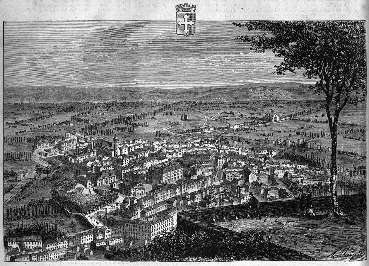 ऐन में बौर्ग शहर का दृश्य। 1880 से "ला रिपब्लिक इलस्ट्री" निजी संग्रह में उत्कीर्णन। द्वारा फ्रेंच स्कूल