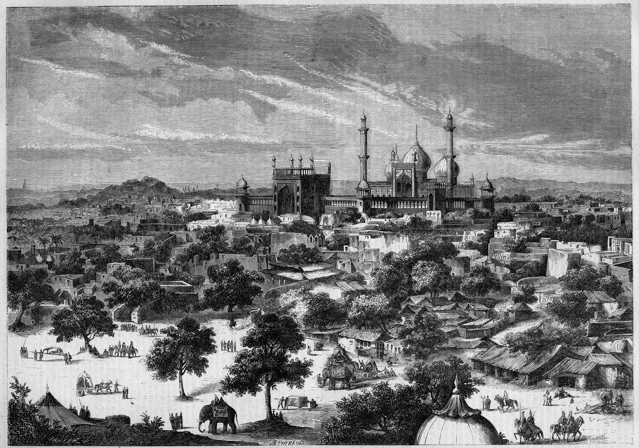 1857 में दिल्ली (भारत) शहर का दृश्य। प्रिंस एलेक्सिस सोल्टीकॉफ के एक स्केच से। बर्ट्रेंड द्वारा 29 अगस्त 1857 के "ले मोंडे इलस्ट्र्रे" एन ° 20 में उत्कीर्णन। द्वारा फ्रेंच स्कूल