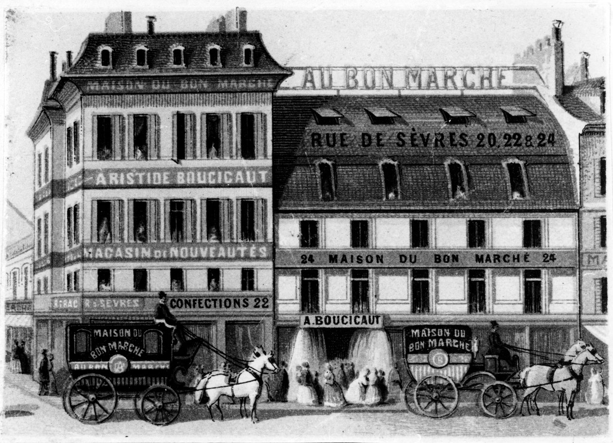 बॉन मार्चे स्टोर्स के बाहरी दृश्य, rue de Sèvres, पेरिस, c.1869 द्वारा फ्रेंच स्कूल