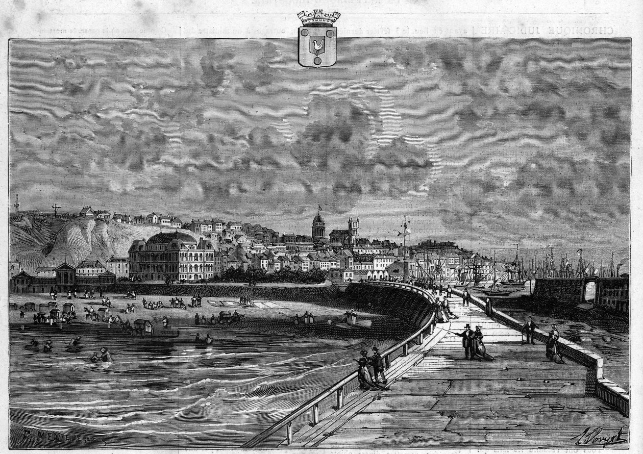 Pas de Calais में Boulogne शहर का दृश्य। 1880 से "ला रिपब्लिक इलस्ट्री" निजी संग्रह में उत्कीर्णन। द्वारा फ्रेंच स्कूल