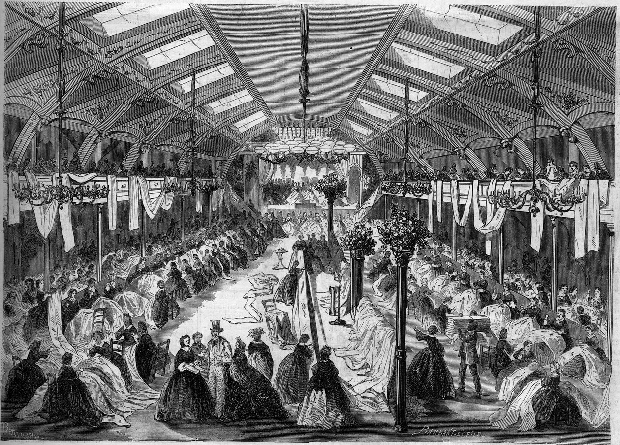 "सोसाइटी डी'प्रोजेमेंट डे ला नेविगेशन एरिएन पार ल'मोयेन डे ल'एयर" के लिए गुब्बारे को "विशालकाय" बनाने की कार्यशालाओं का दृश्य "नादर द्वारा पिघलाया गया" द्वारा फ्रेंच स्कूल