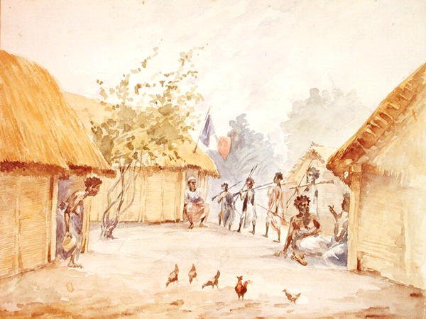 1895-96 में फ्रांस द्वारा अपनी विजय के समय मेडागास्कर का गाँव (कागज पर जल रंग) द्वारा फ्रेंच स्कूल