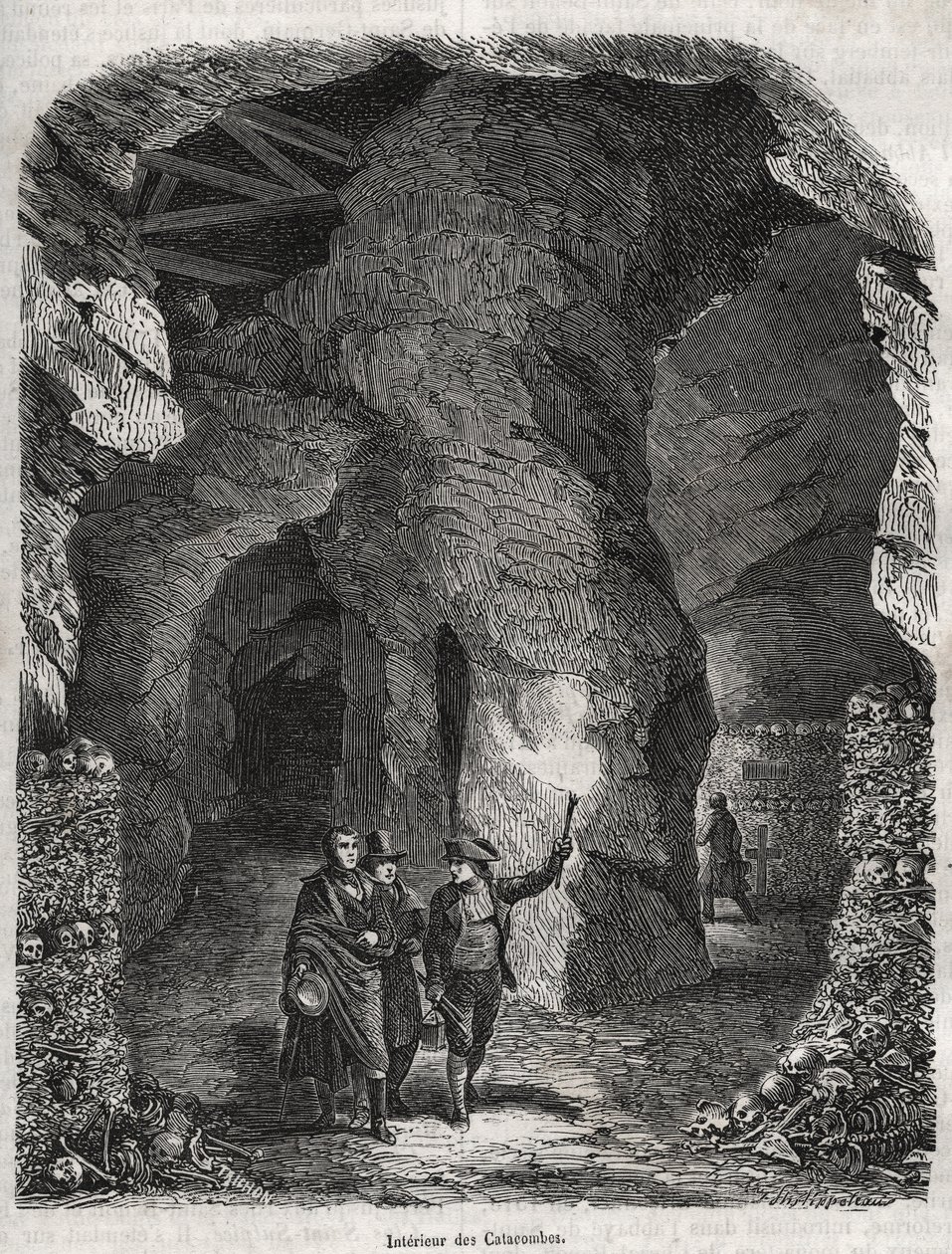 19वीं शताब्दी में पेरिस के कैटाकॉम्ब्स की यात्रा - "" पेरिस के भौतिक, नागरिक और नैतिक इतिहास में उत्कीर्णन: जैक्स एंटोनी दुलाउरे द्वारा प्रारंभिक ऐतिहासिक समय से आज तक" द्वारा फ्रेंच स्कूल