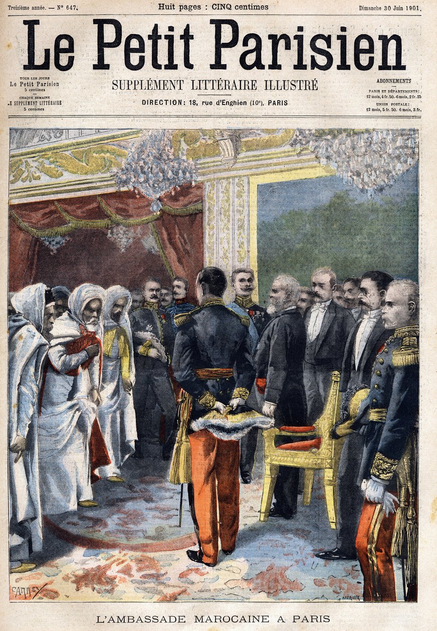 30/06/1901 को "ले पेटिट पेरिसियन"" में पेरिस में फ्रांस के राष्ट्रपति एमिल लुबेट (1838-1929) द्वारा प्राप्त मोरक्को दूतावास की यात्रा (उत्कीर्णन) द्वारा फ्रेंच स्कूल