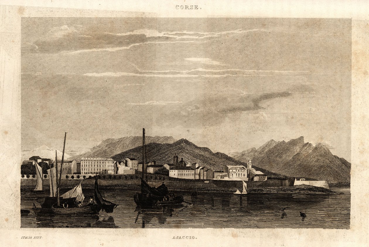 Vue d'Ajaccio, कोर्सिका, 1836 से उत्कीर्ण। द्वारा फ्रेंच स्कूल