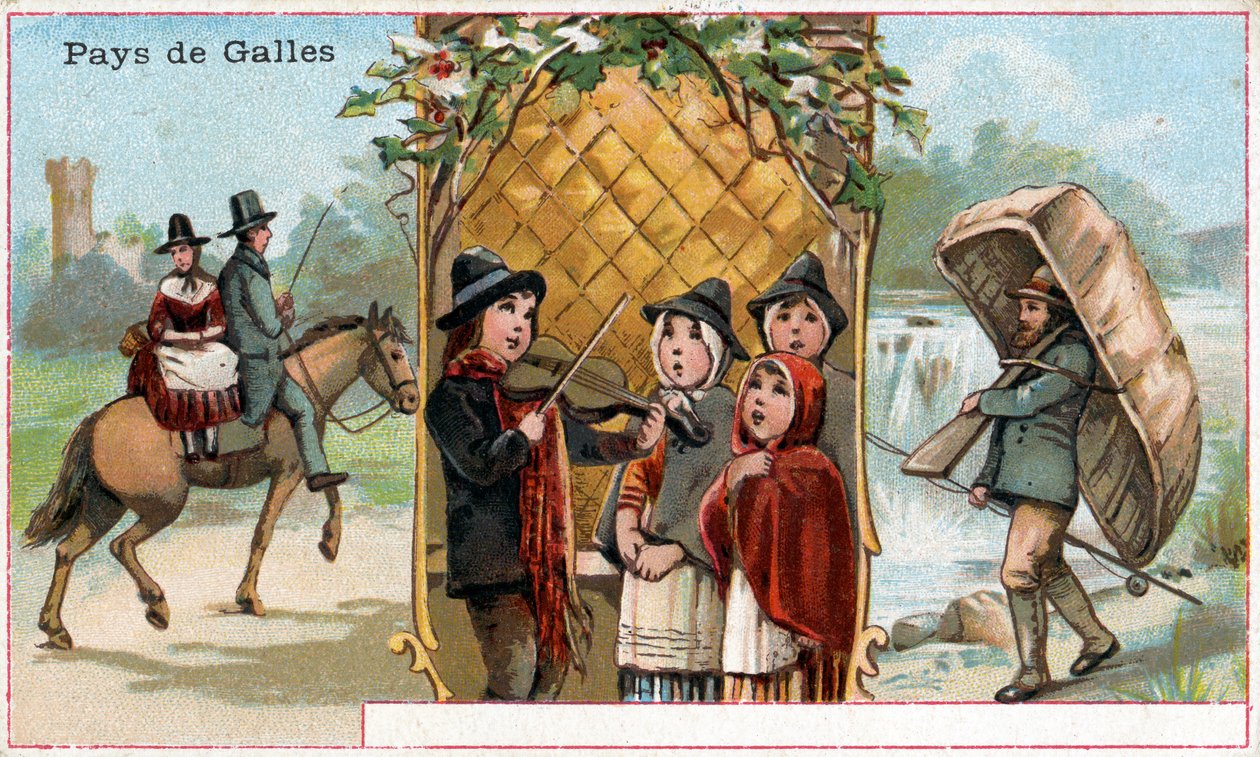 वेल्स, वेल्श जीवन के चित्रण के साथ पेय चिलोरिए ला बर्गेरे का प्रचार कार्ड, c.1890 (488432 भी देखें) द्वारा फ्रेंच स्कूल