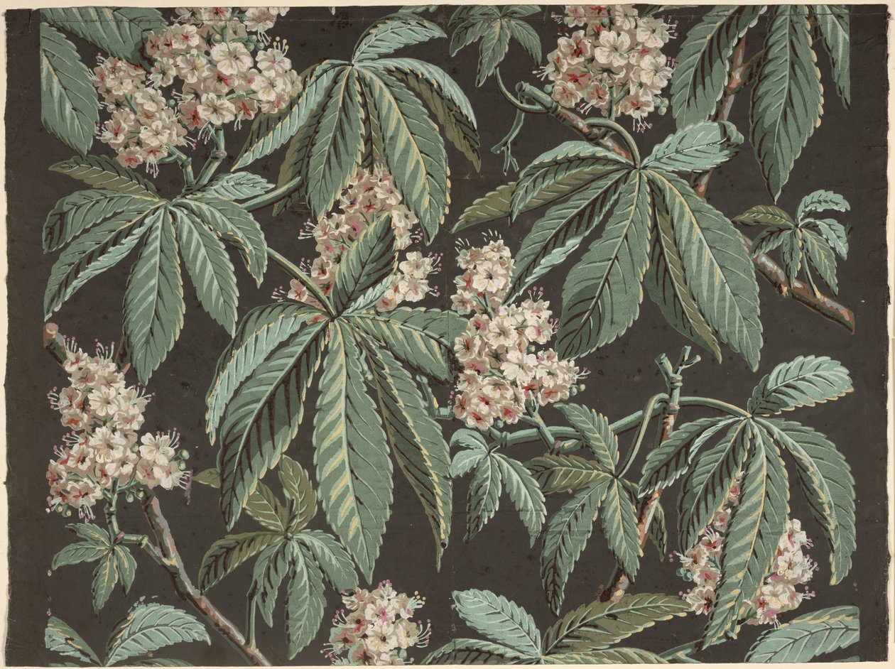 चेस्टनट शाखा के साथ वॉलपेपर डिजाइन (विस्तार) ca. 1810, जोसेफ डुफौर (1752-1827) द्वारा निर्मित, पेरिस, द्वारा फ्रेंच स्कूल