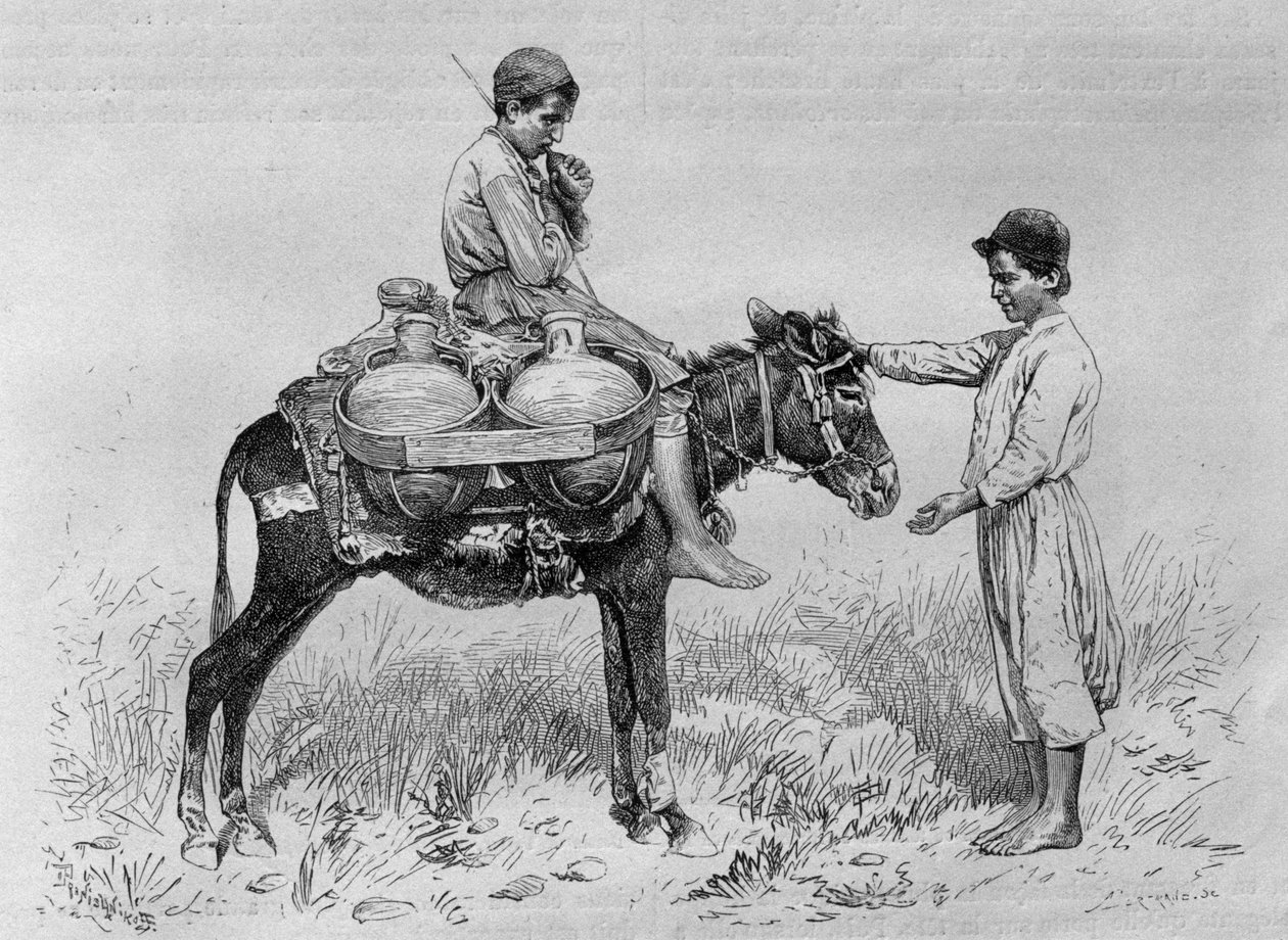 जल वाहक, आज सीरिया से। फेनिशिया, लेबनान और जुडिया की यात्रा करें। 1875-1880 लुईस चार्ल्स एमिल लॉरेट, 1884 (बीडब्ल्यू उत्कीर्णन) द्वारा फ्रेंच स्कूल